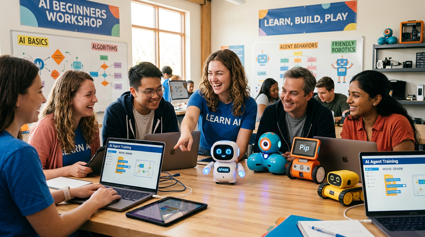 Group of diverse people around a table with laptops and colorful educational robots for AI training